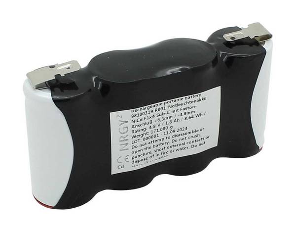Batteria per illuminazione di emergenza NiMH 4,8 V 1800 mAh F1x4 Sub-C con connettore Faston +6,3 mm / -4,8 mm...