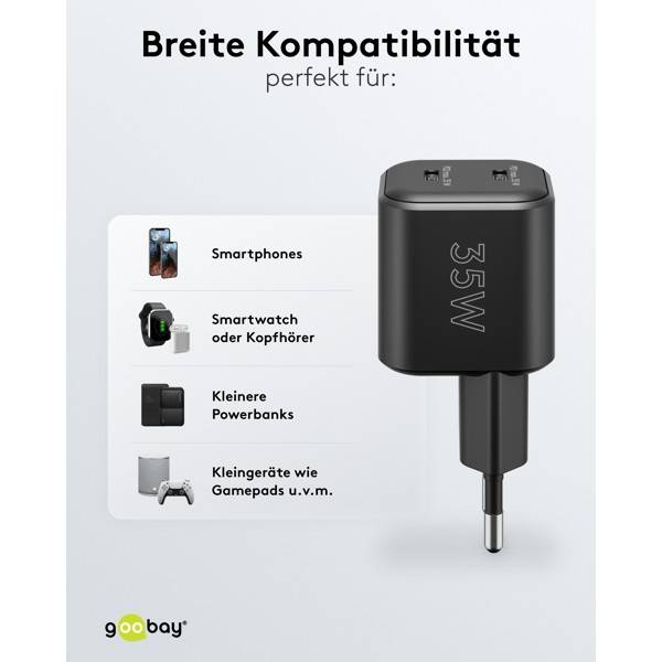 Goobay Caricatore rapido doppio USB-C™ PD GaN Nano (35 W) nero nero 2x porte USB-C™ (Power Delivery)-6