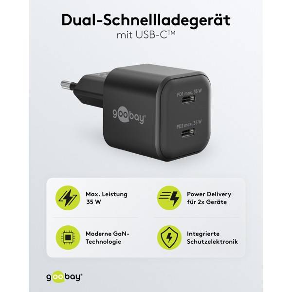 Goobay Caricatore rapido doppio USB-C™ PD GaN Nano (35 W) nero nero 2x porte USB-C™ (Power Delivery)-1