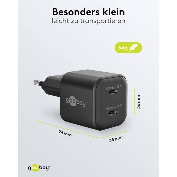 Goobay Caricatore rapido doppio USB-C™ PD GaN Nano (35 W) nero nero 2x porte USB-C™ (Power Delivery)-2