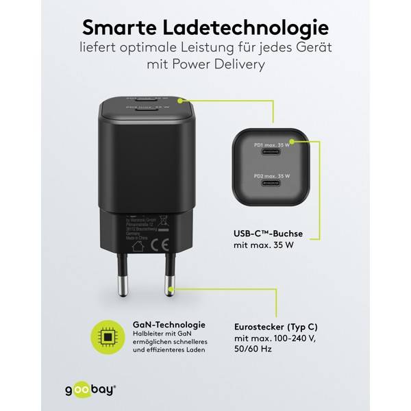 Goobay Caricatore rapido doppio USB-C™ PD GaN Nano (35 W) nero nero 2x porte USB-C™ (Power Delivery)-3