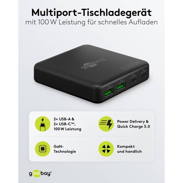 Caricabatterie da tavolo multiporta Goobay USB-C™ PD GaN (100 W) nero - 2 porte USB-C™ (Power Delivery) e 2 porte...-1