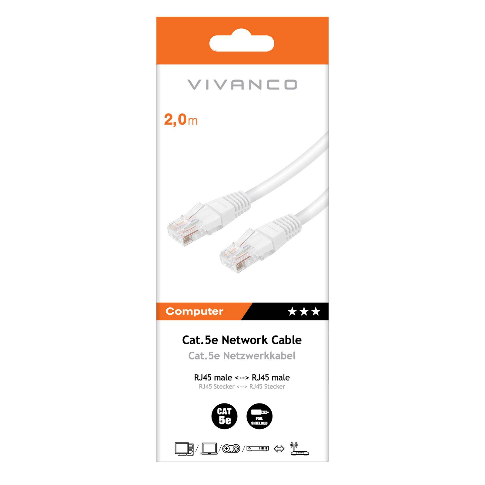 Cavo di rete per PC UTP cat 5e colore bianco, connettori RJ45, colore bianco, lungo 2 m-1