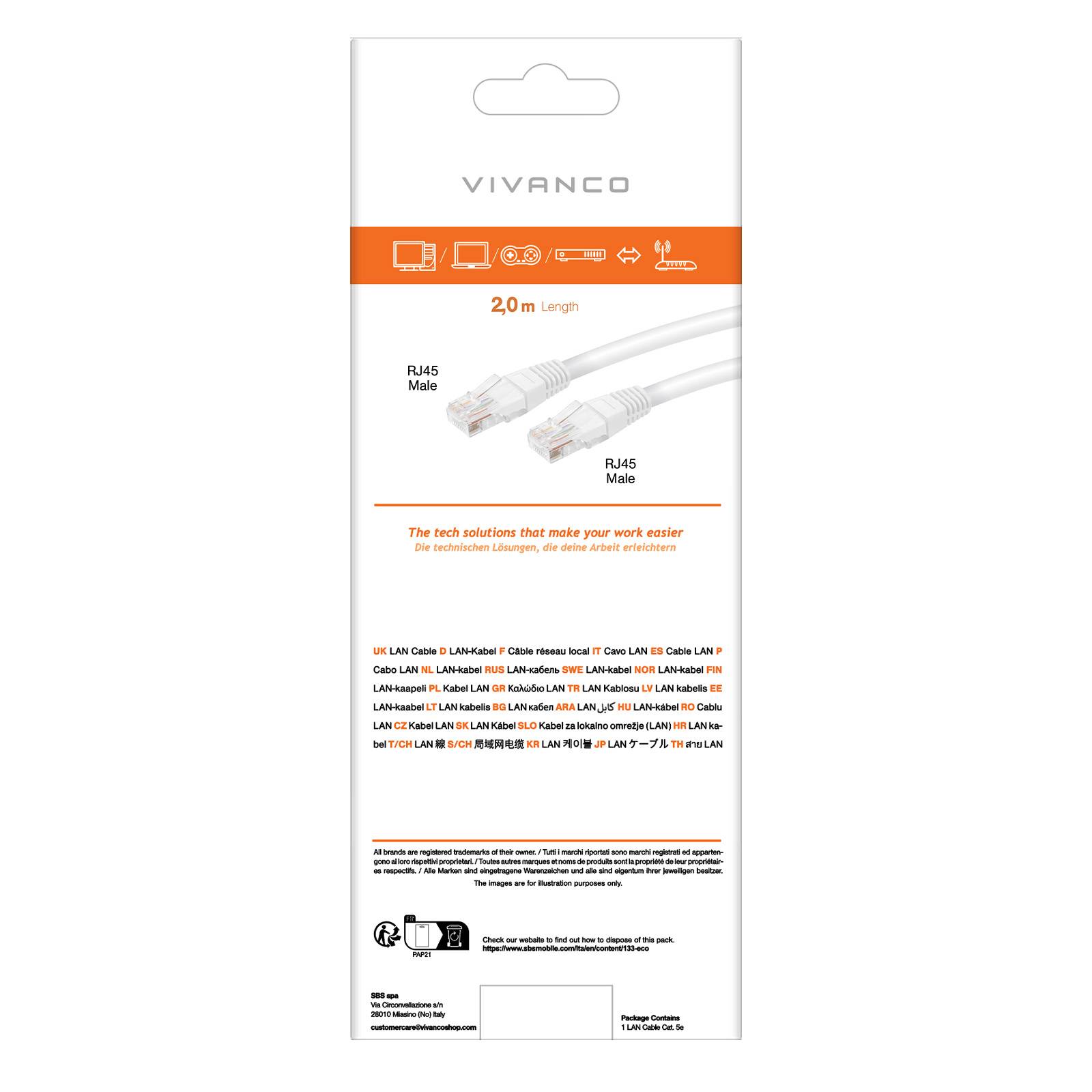 Cavo di rete per PC UTP cat 5e colore bianco, connettori RJ45, colore bianco, lungo 2 m-2