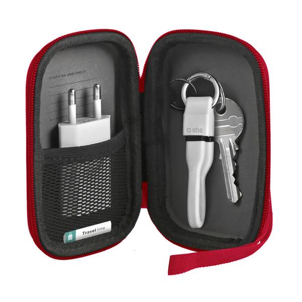 Mini organizer porta accessori da viaggio, rigido, con porta chiavi e taschina elastica, chiusura a zip, colore rosso