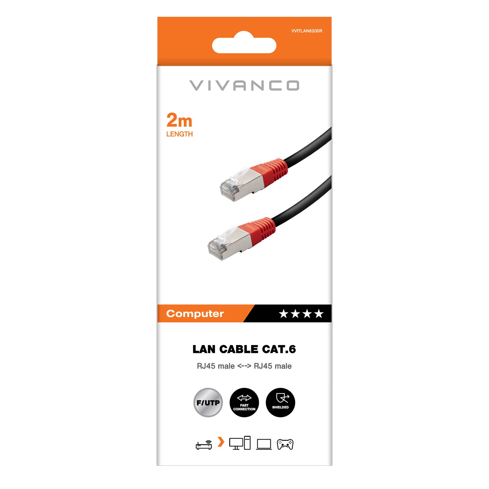 Cavo di rete per PC UTP, cat 6, connettori RJ45, colore nero, lungo 2 m-1
