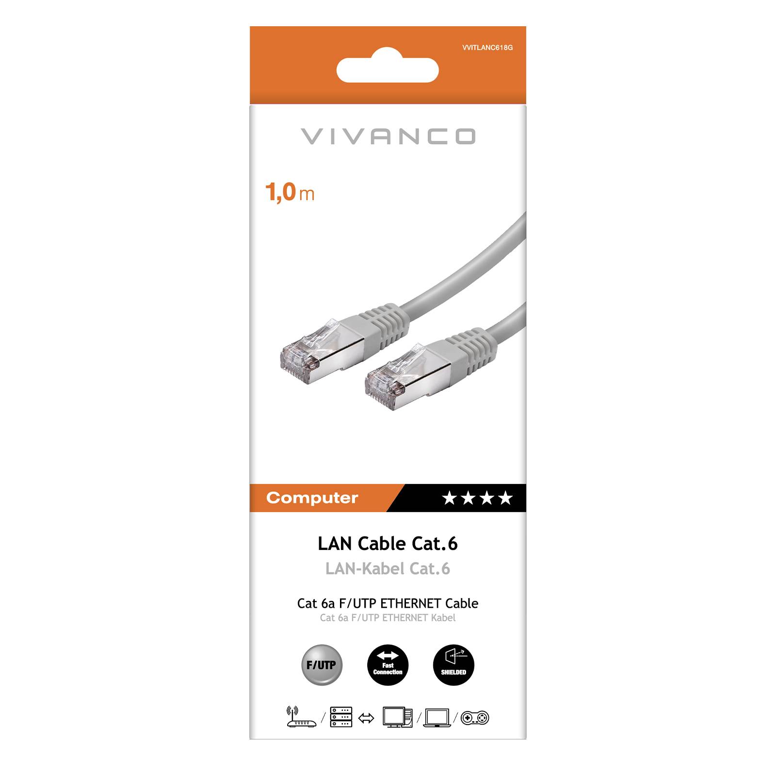 Cavo di rete per PC UTP, cat 6, connettori RJ45, colore nero, lungo 2 m-1