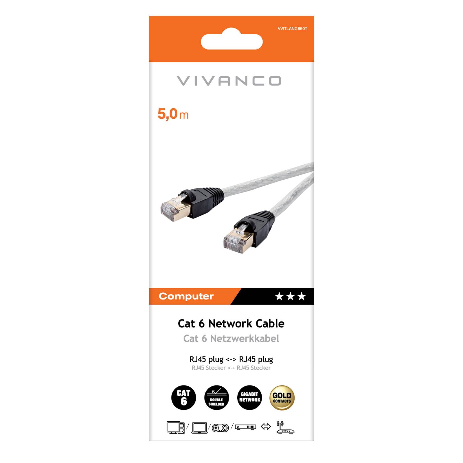 Cavo di rete per PC UTP, cat 6, connettori RJ45, colore trasparente, lungo 5 m-1