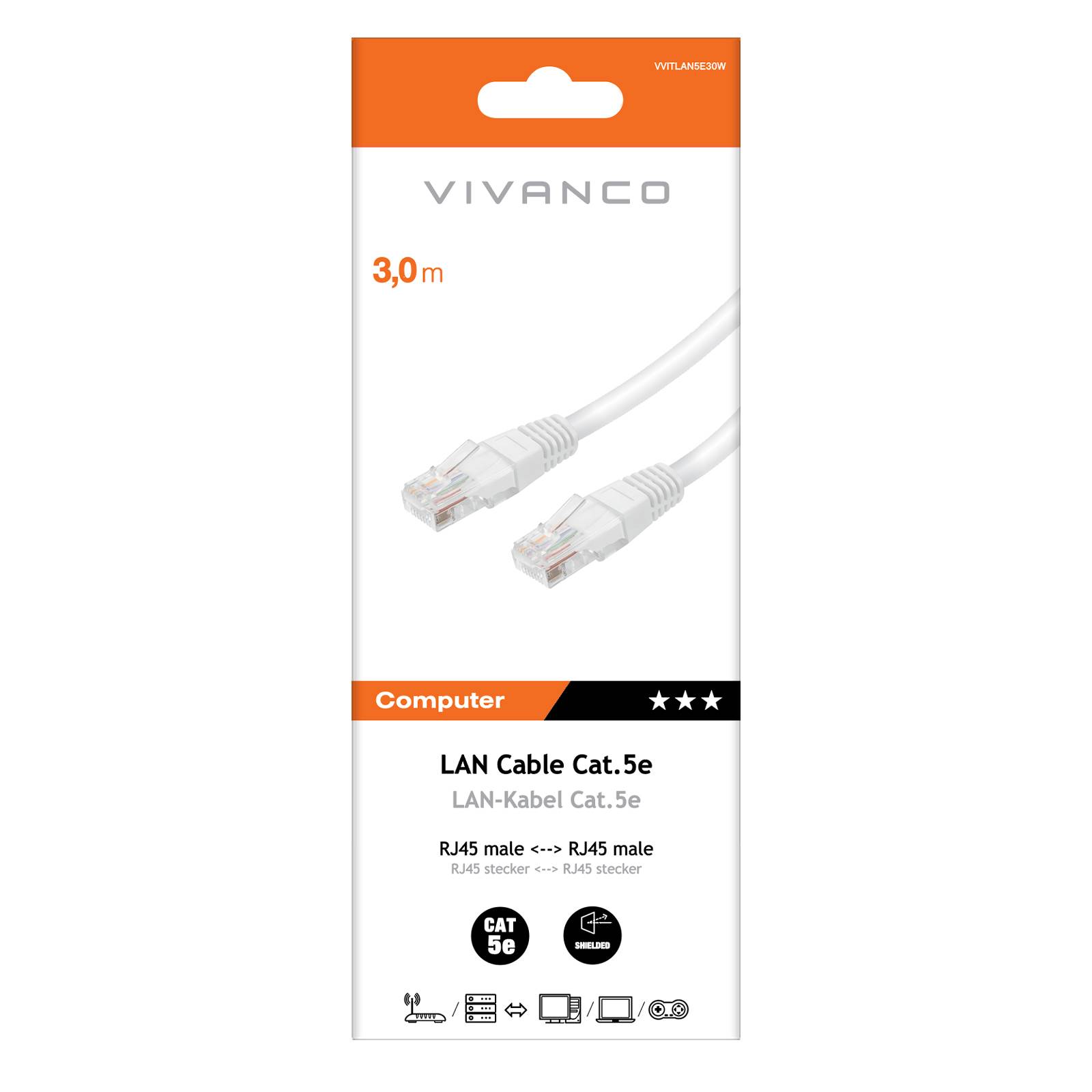 Cavo di rete per PC UTP cat 5e colore bianco, connettori RJ45, lungo 3 m-1