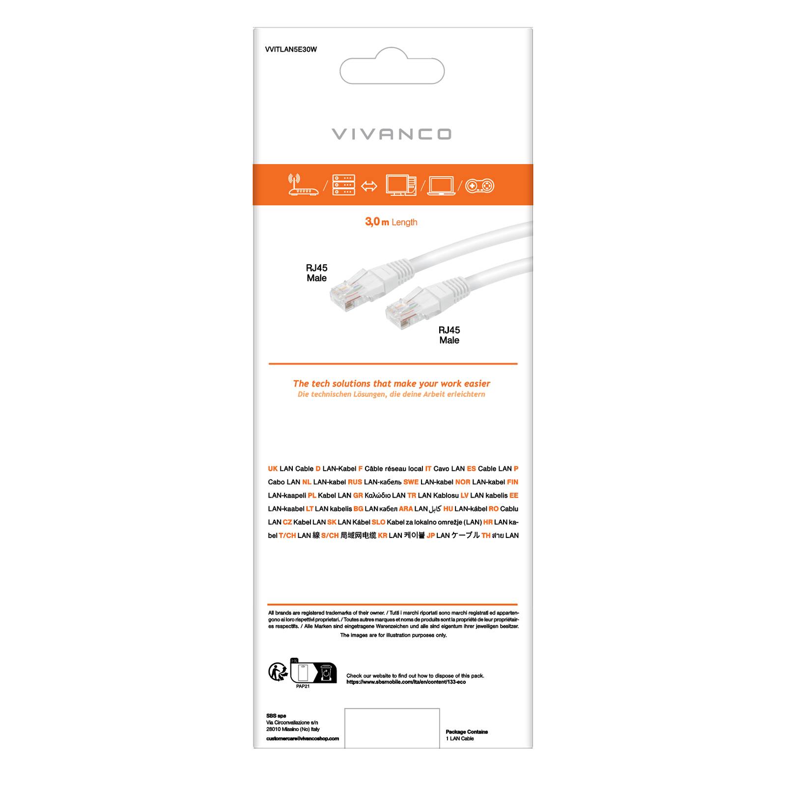 Cavo di rete per PC UTP cat 5e colore bianco, connettori RJ45, lungo 3 m-2