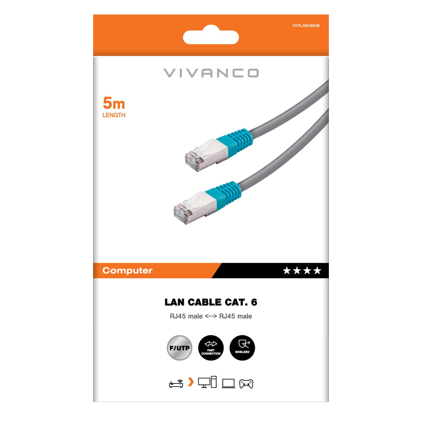 Cavo di rete per PC UTP, cat 6, connettori RJ45, colore blu, lungo 5 m-1