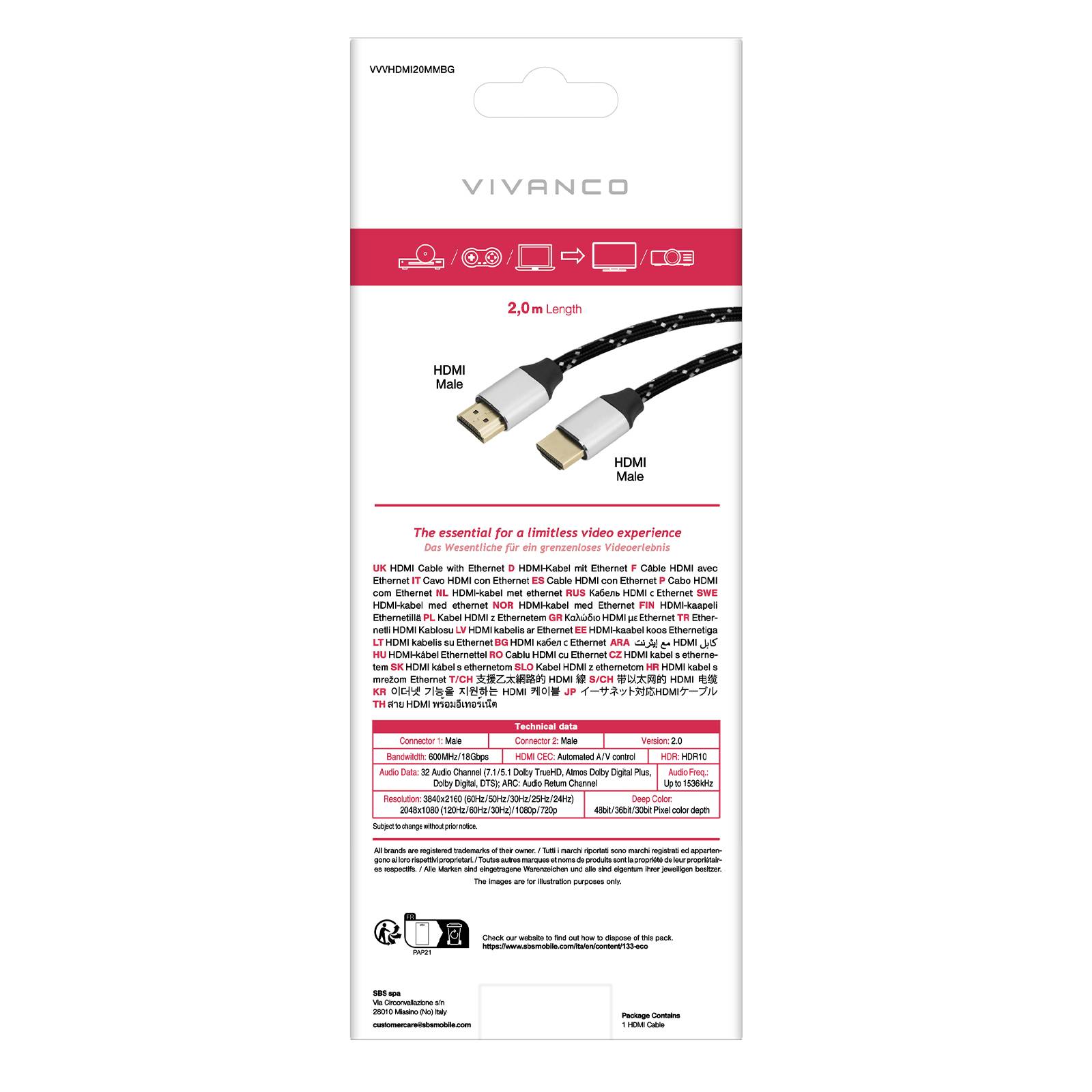 Cavo HDMI 2.0 ARC con ethernet, connettori maschio - maschio, lungo 2 metri-2
