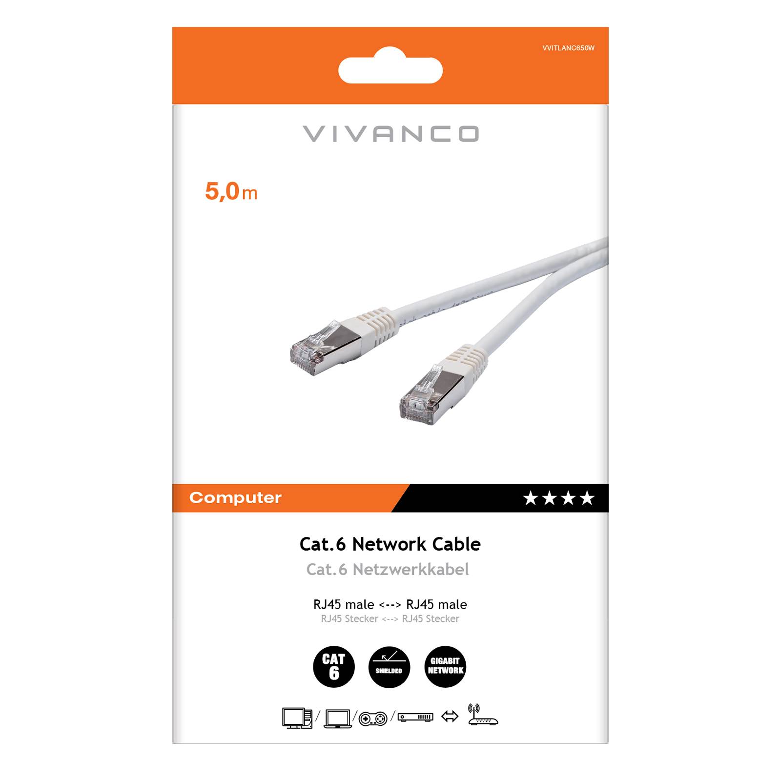 Cavo di rete per PC UTP, cat 6, connettori RJ45, colore bianco, lungo 5 m-1