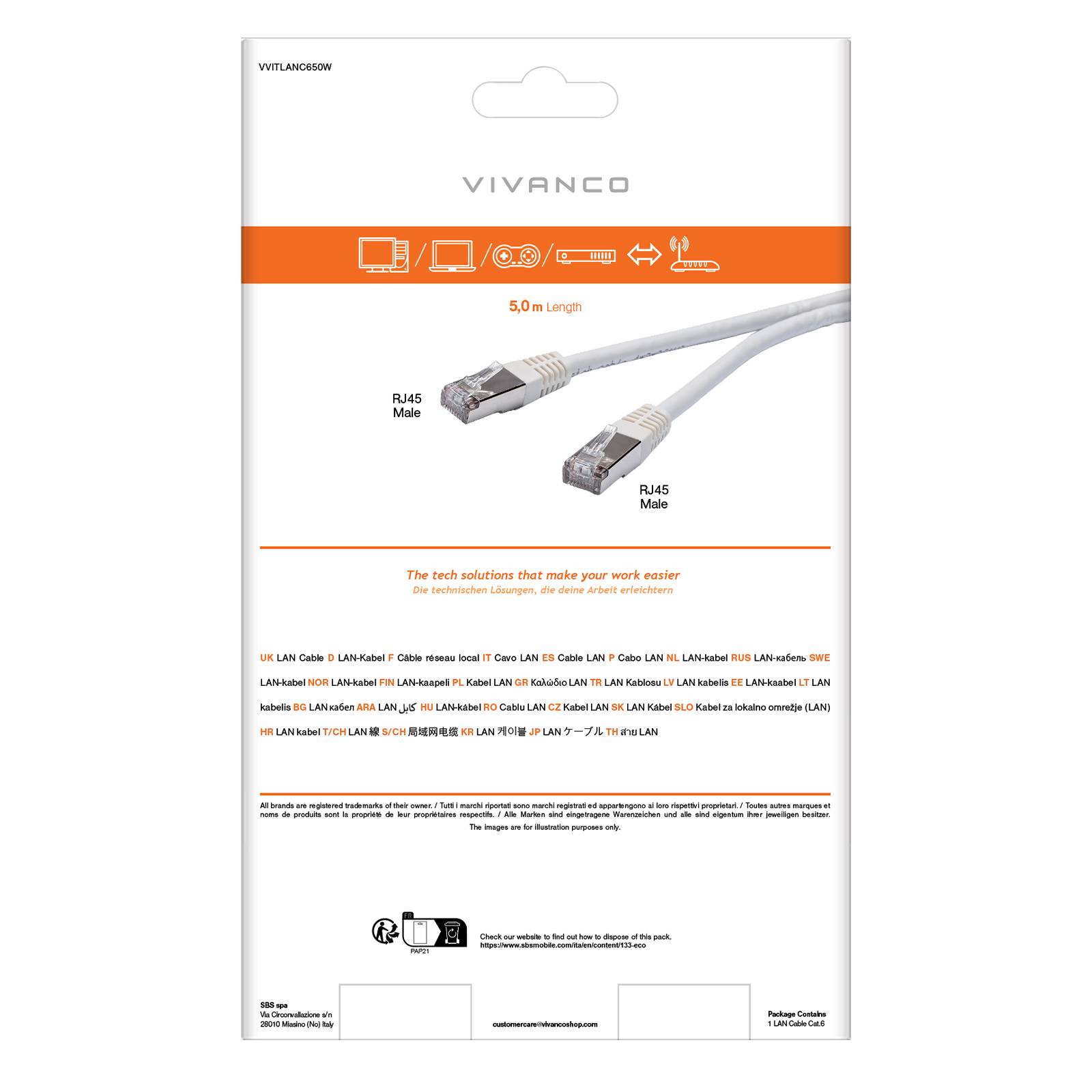 Cavo di rete per PC UTP, cat 6, connettori RJ45, colore bianco, lungo 5 m-2