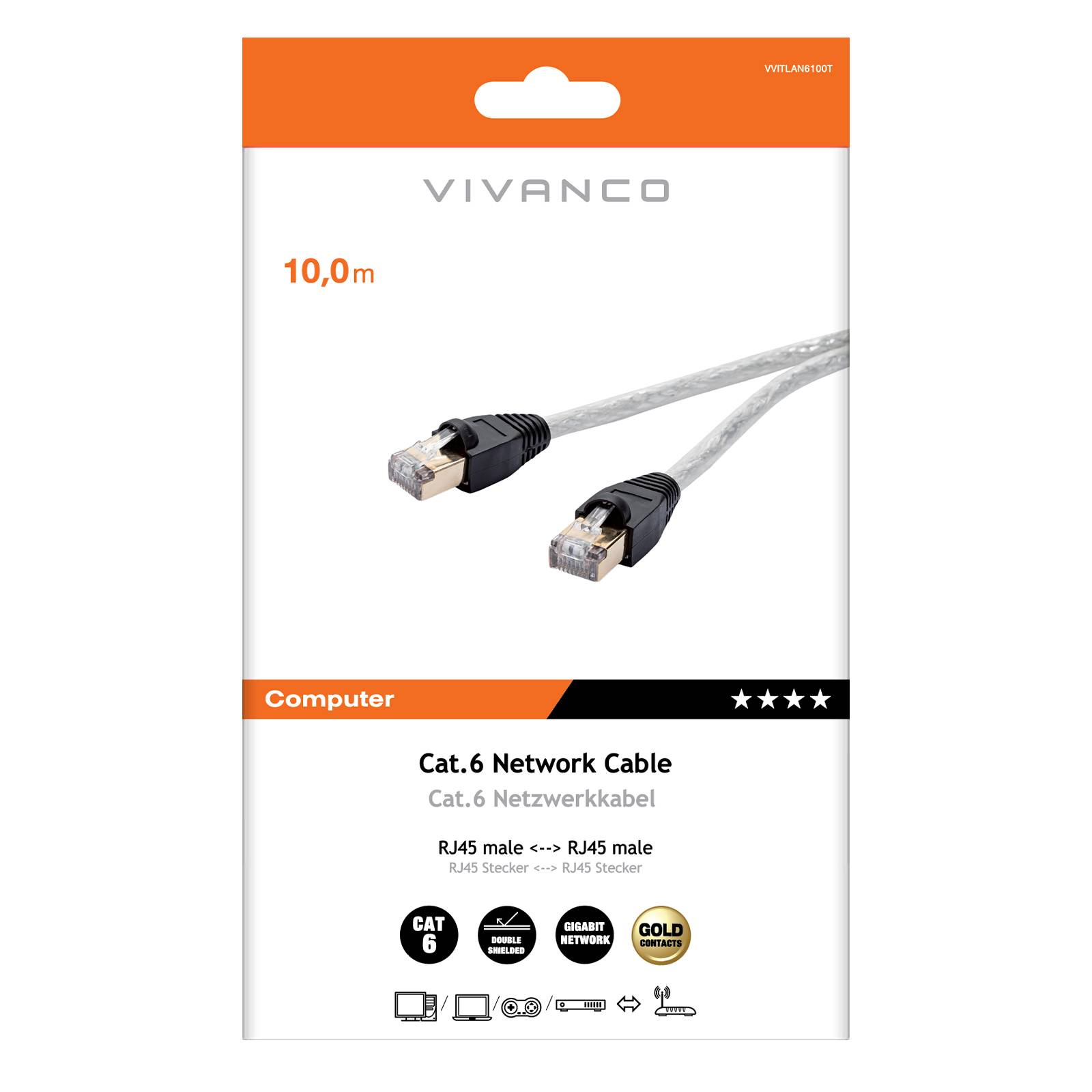 Cavo di rete per PC CAT 6 colore bianco, connettori RJ45, colore trasparente, lungo 10 m-1