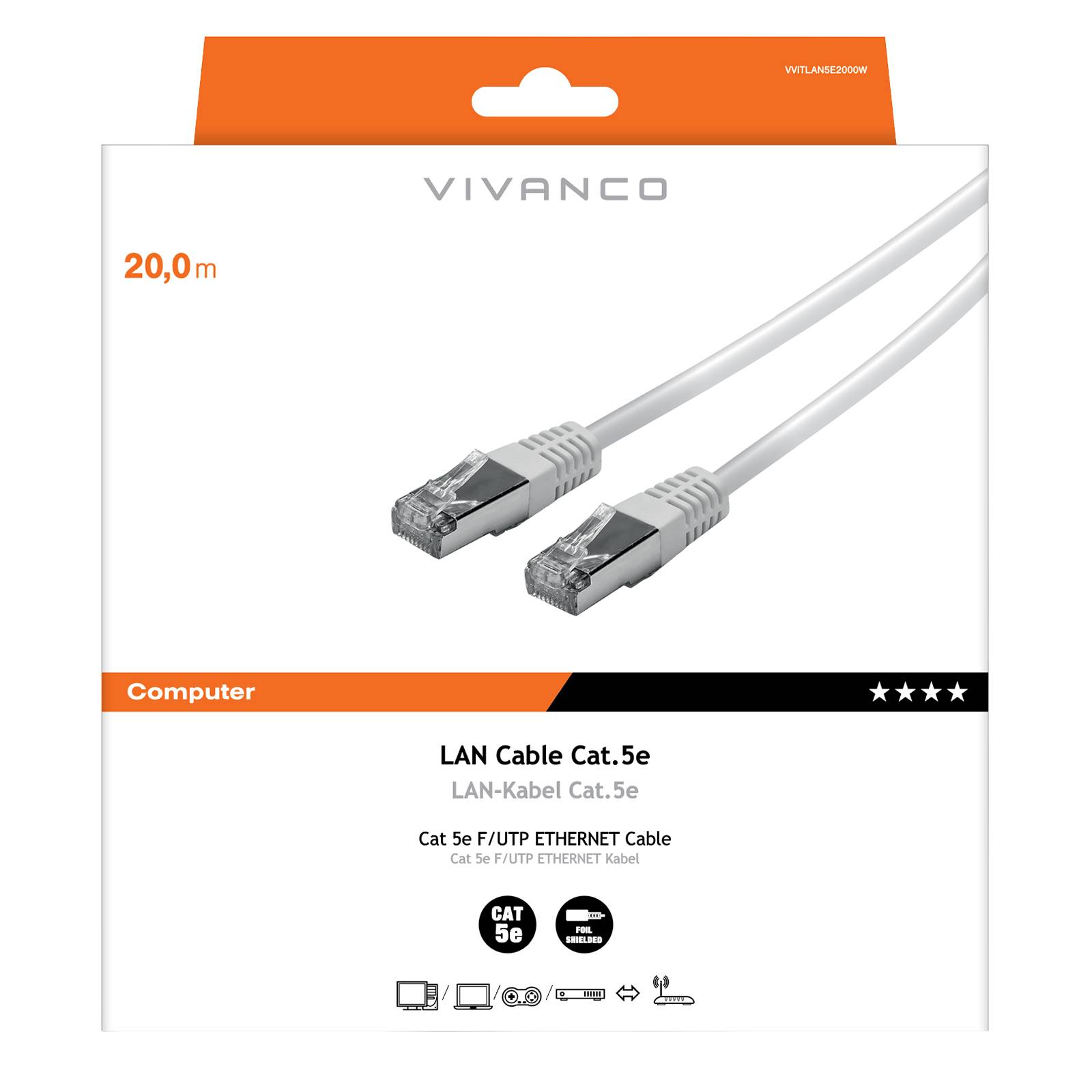 Cavo di rete per PC UTP cat 5e colore bianco, connettori RJ45, colore bianco, lungo 20 m-1