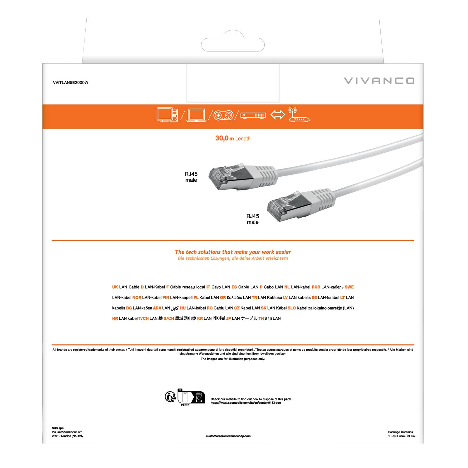 Cavo di rete per PC UTP cat 5e colore bianco, connettori RJ45, colore bianco, lungo 20 m-2