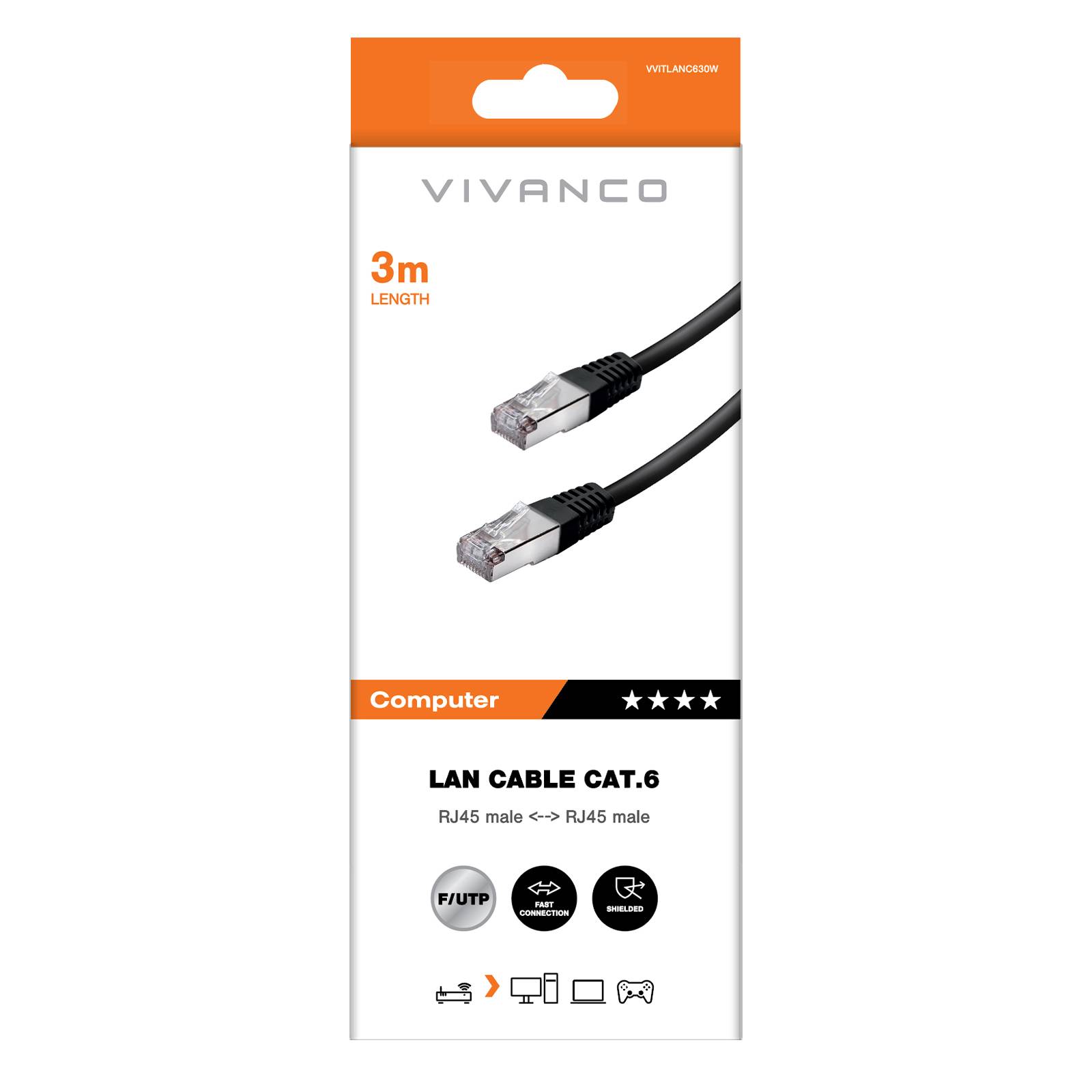 Cavo di rete per PC UTP, cat 6, connettori RJ45, colore nero, lungo 3 m-1