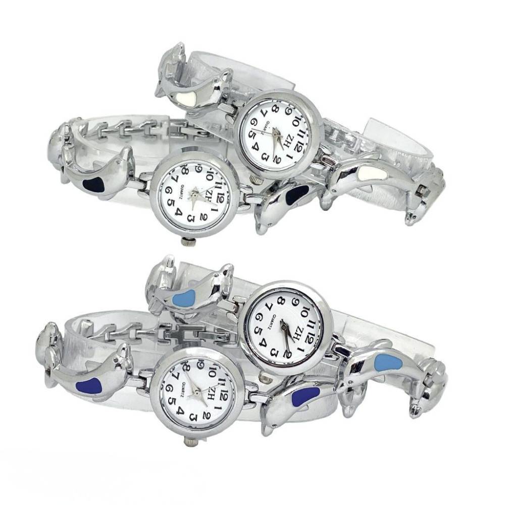 Orologio Da Polso Bracciale Delfini Diametro 22 Mm Elegante Argento --0