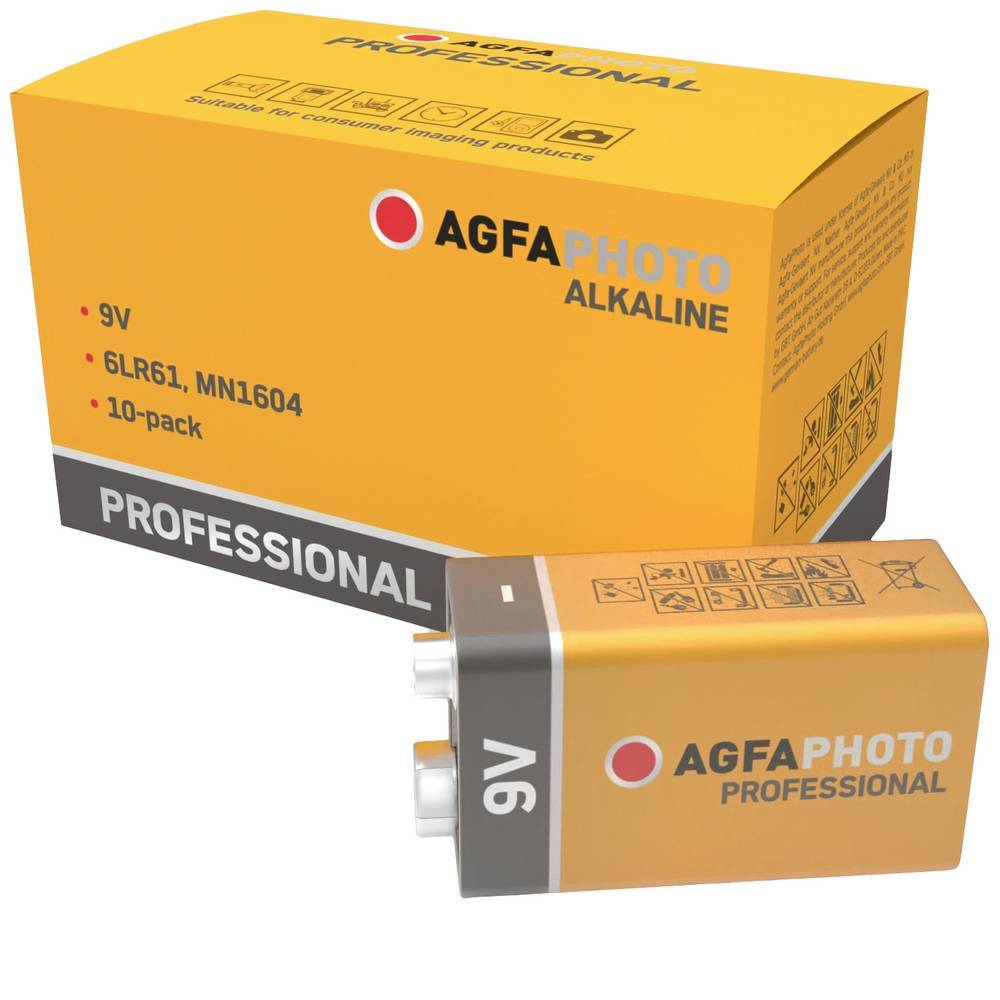 Batteria alcalina Agfaphoto, blocco elettronico, 6LR61, 9 V professionale, scatola al dettaglio (confezione da 10)-0