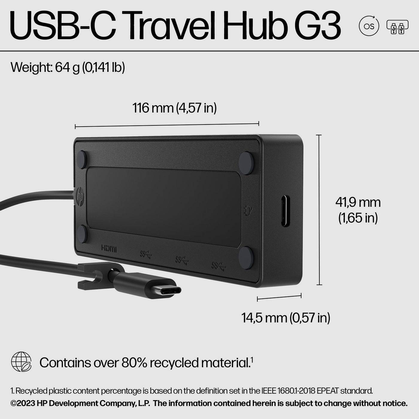 HP USB-C Reisehub G3 - 116 mm - 41,9 mm - 14,5 mm - 64 g - 173 mm - 59 mm (86S97AA)-5