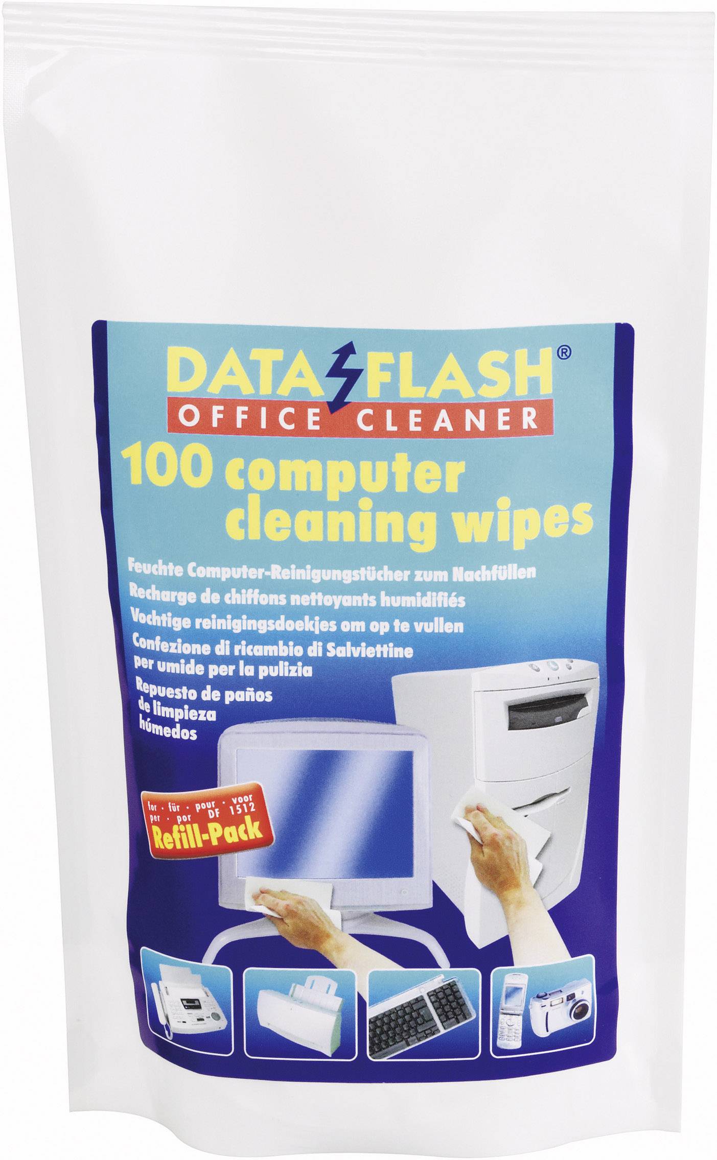 Confezione di salviette detergenti per computer 'DATAFLASH OFFICE CLEANER', raffigurata con un computer, stampante, mouse e tastiera.