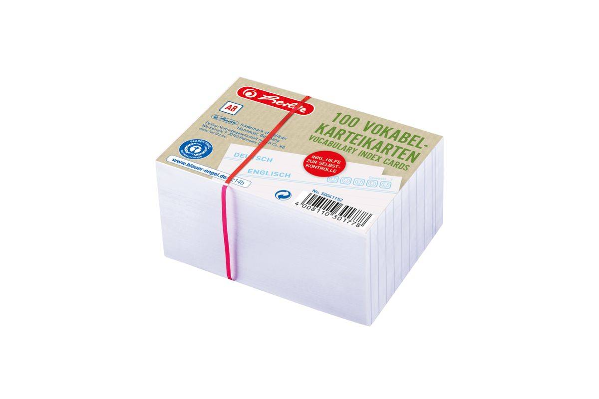 Herlitz Karteikarte A8 Vokabeln liniert weiß Blauer Engel 100er (50041152)-0