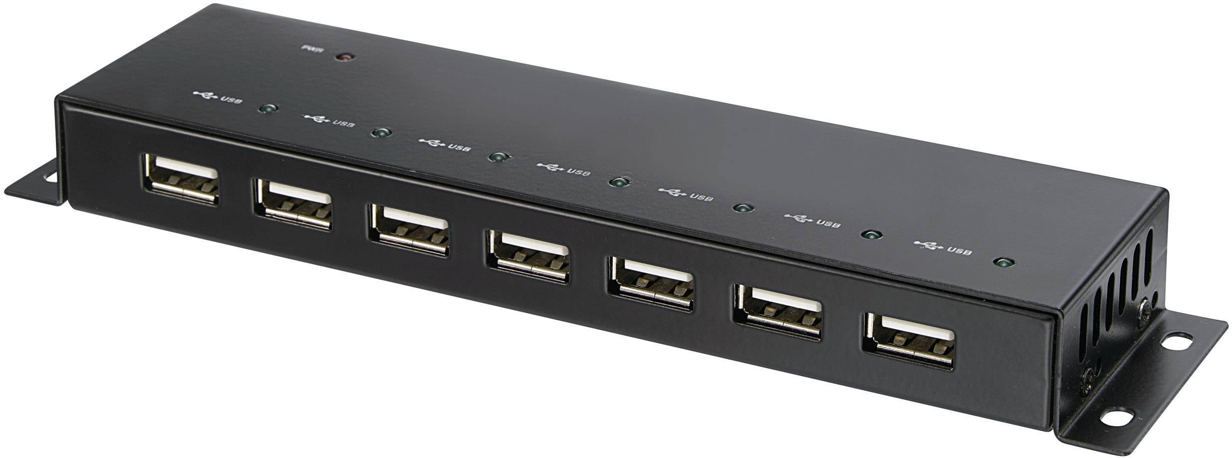Un hub USB nero con sette porte USB in fila.