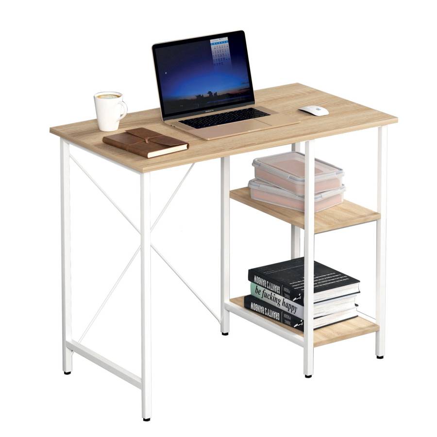 Scrivania per Computer in Metallo con Ripiani Rovere Chiaro e Bianco-0