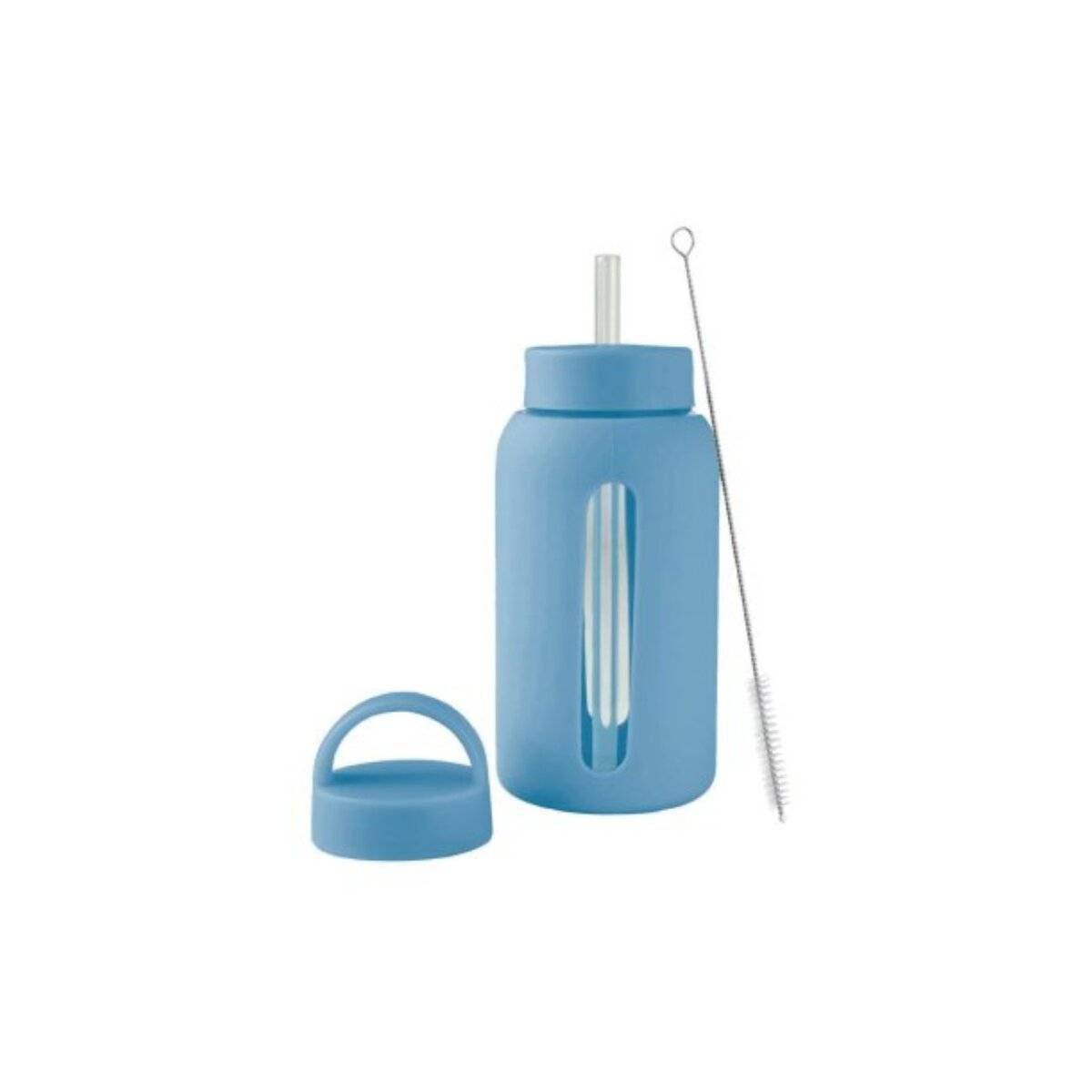 Bottiglia per bevande in vetro borosilicato da 650 ml con cannuccia e spazzolino per la pulizia - Blu-0