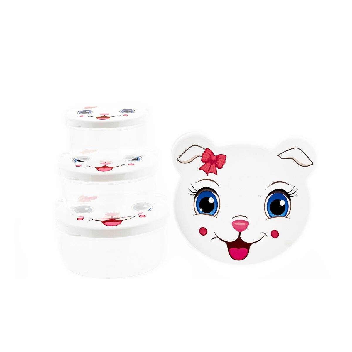 Contenitori per bambini - set da 4 con motivi di animali, senza BPA e impilabili, gatto (bianco)-0