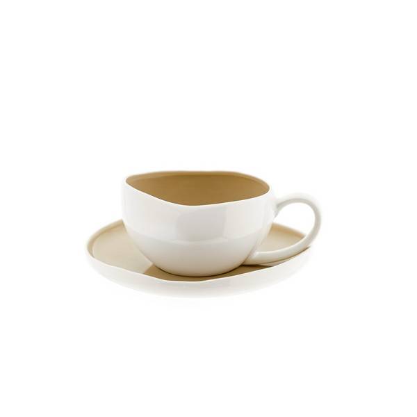 Tazzine da caffè Wave Cream con piattini - set da 12 pezzi in bianco e beige, 215 ml