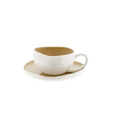Tazzine da caffè Wave Cream con piattini - set da 12 pezzi in bianco e beige, 215 ml
