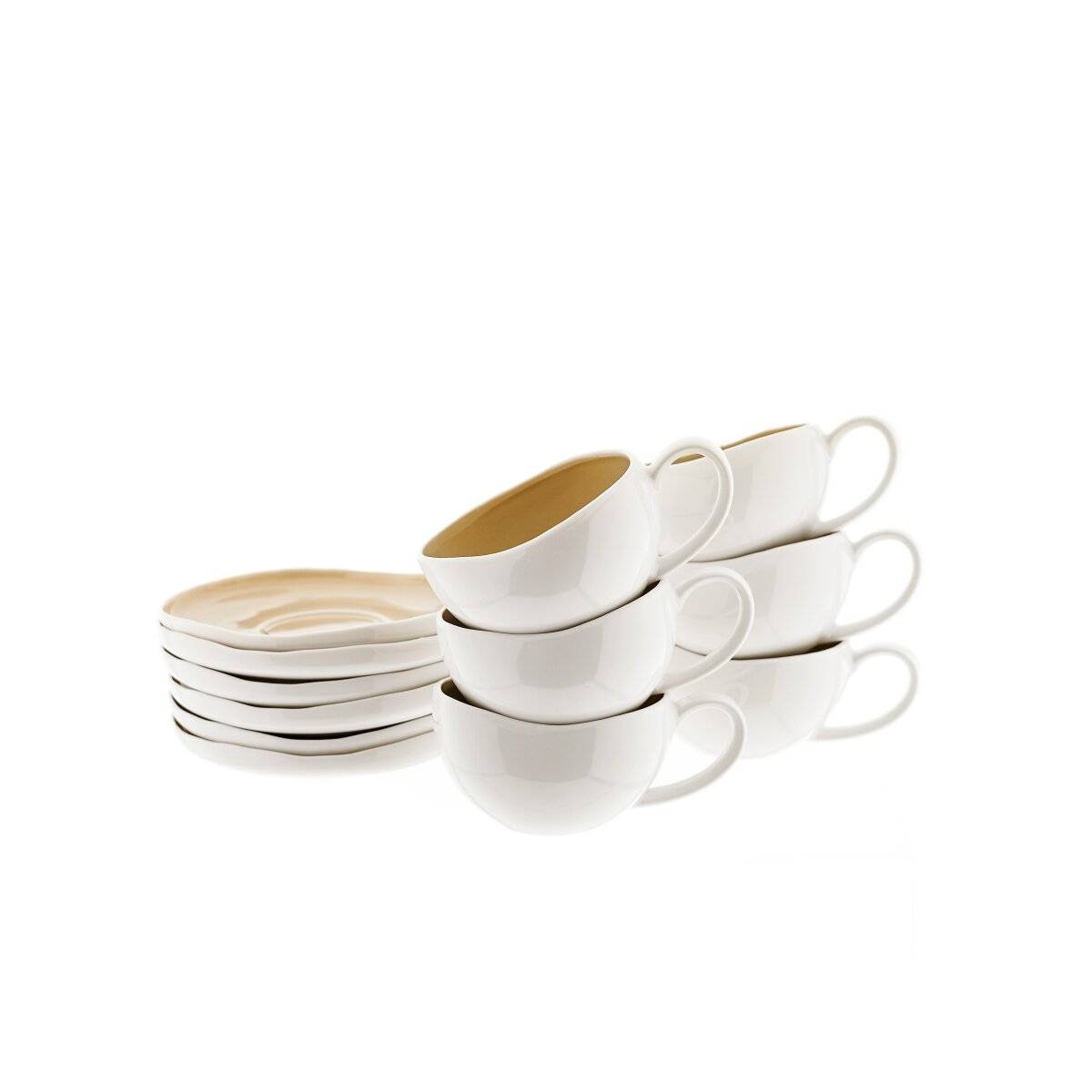 Tazzine da caffè Wave Cream con piattini - set da 12 pezzi in bianco e beige, 215 ml-1