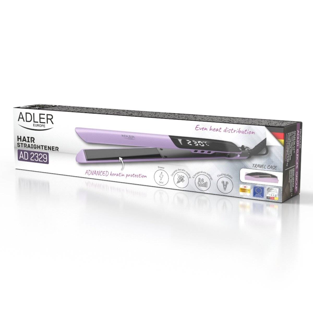 Piastra per capelli Adler AD 2329 con display LCD e 6 impostazioni di temperatura, 54W - Viola-3