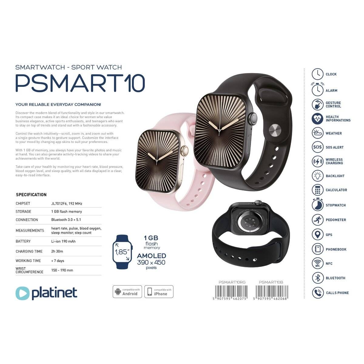 Smartwatch Platinum AMOLED da 1,85 pollici con Bluetooth e fitness tracker, colore nero.-4
