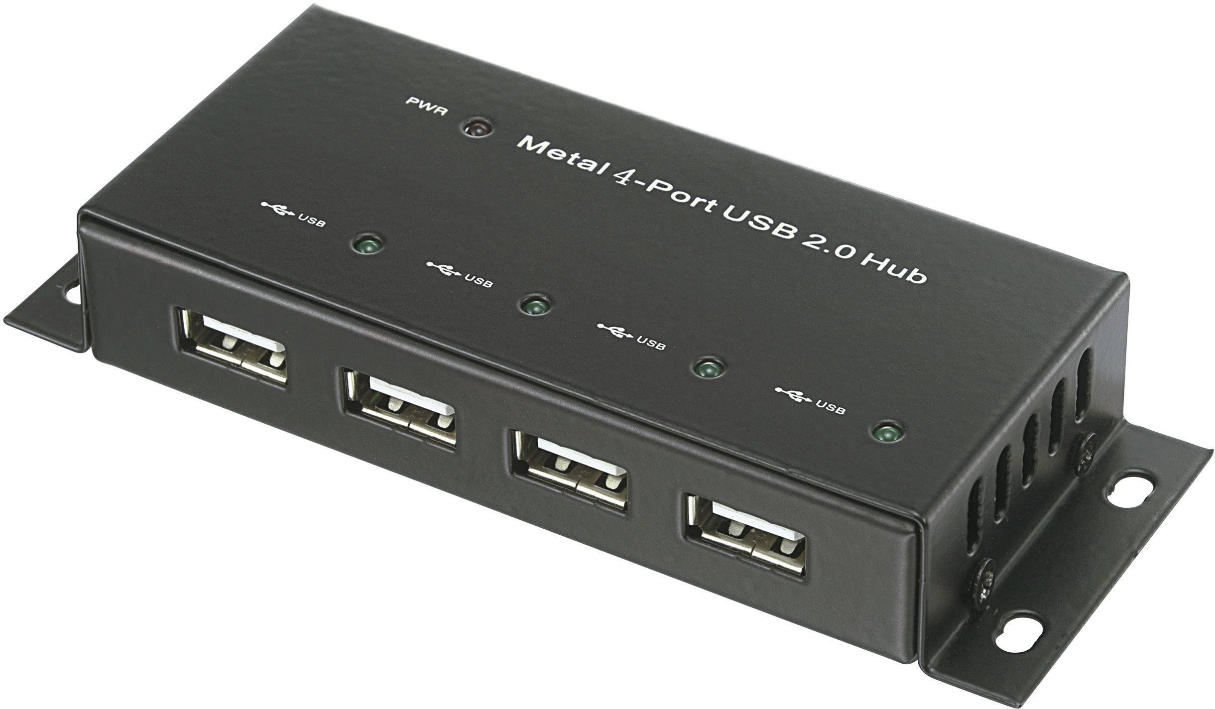 Hub USB 2.0 metallico a 4 porte con quattro connettori USB e indicatori LED, idoneo all'espansione delle interfacce USB sui dispositivi.