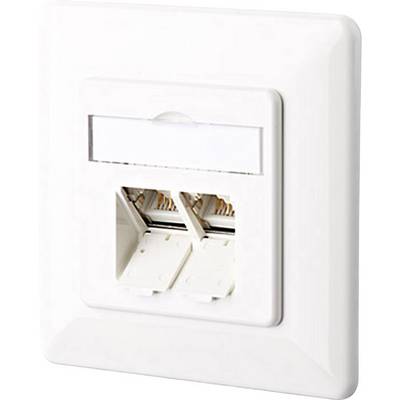 Due connettori RJ45 in una presa a muro bianca. Adatti per connessioni di cavi Ethernet in ambienti interni.