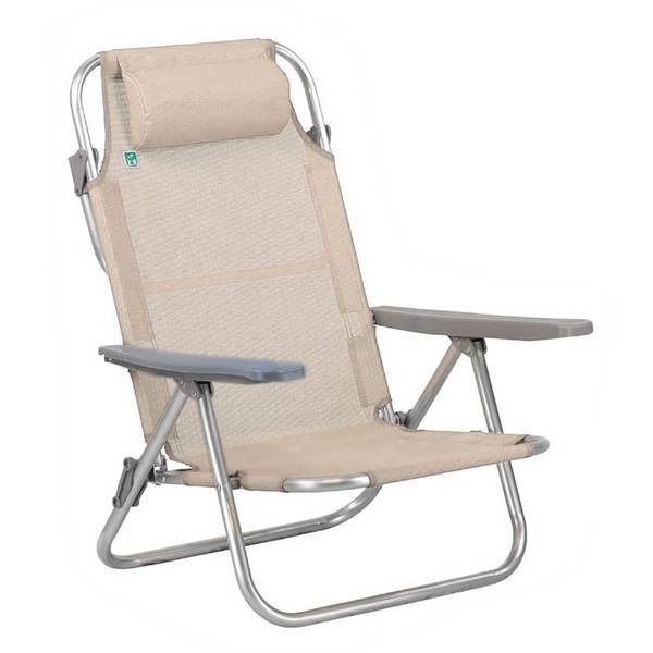 Sedia Sdraio Spiaggina Pieghevole 5 Posizioni In Alluminio Textilene Con Braccioli Cuscino - Beige