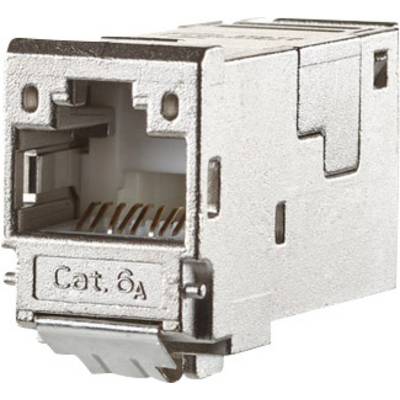 Un connettore di rete metallico con la scritta 'Cat. 6A', idoneo per connessioni dati ad alta velocità.