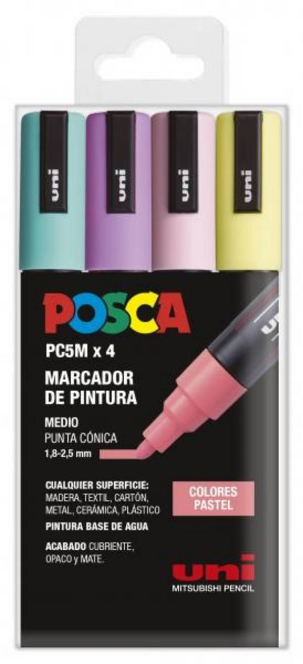 Uni Posca - Set di 4 pennarelli a base d'acqua con punta a bala - PC-5M/4C - Pastel - 1,8-2,5 mm
