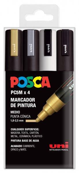 Uni Posca Marcatore a Punta a Bulbo a Base Acqua - PC-5M/4C GSWB - Confezione da 4 colori, 1,8-2,5 mm-0
