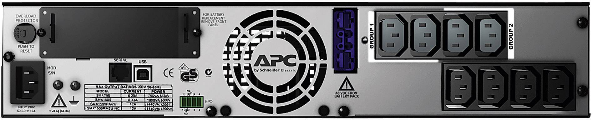 Retro di un gruppo di continuità (UPS) con logo APC, diversi attacchi di alimentazione, un ventilatore centrale e varie etichette di sicurezza.