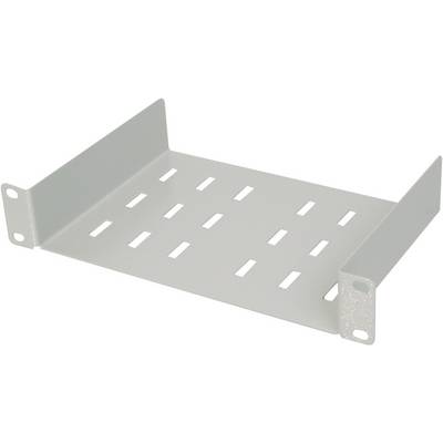 Una scaffalatura grigia in metallo con supporti laterali e fessure di ventilazione.