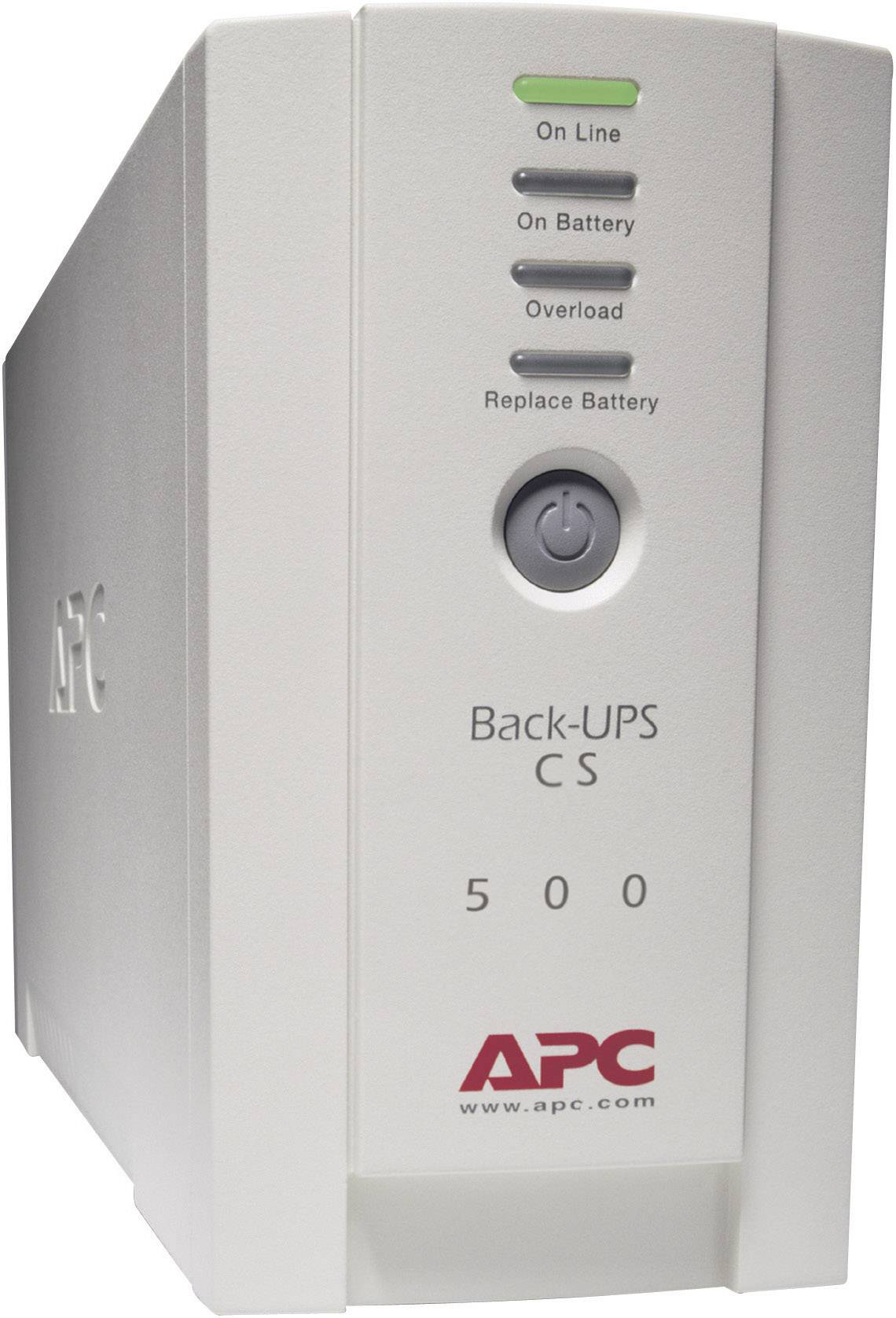 Un'unità UPS (Uninterruptible Power Supply) di APC con indicatori per 'Online', 'Su Batteria', 'Sovraccarico' e 'Sostituire Batteria'.