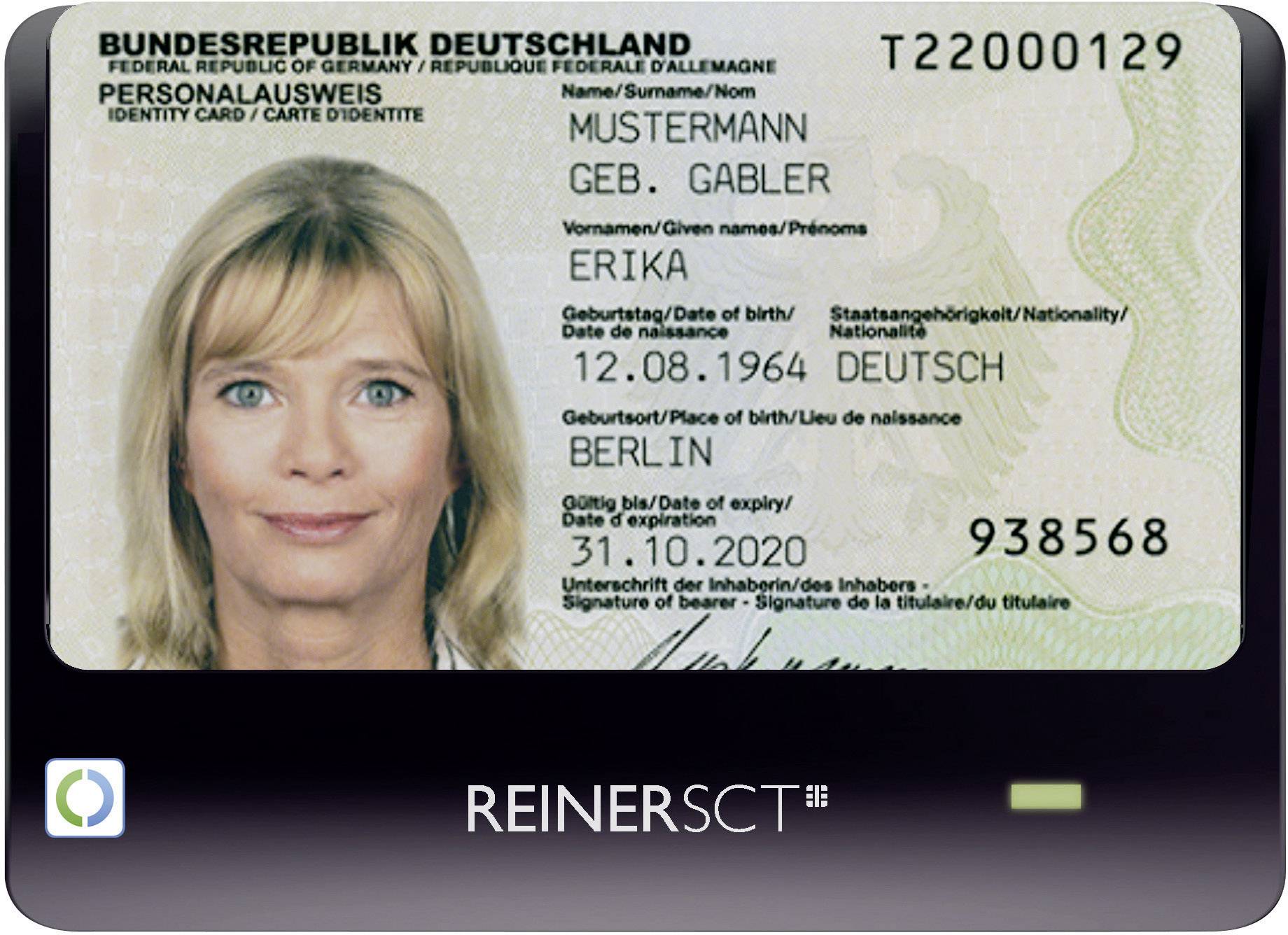 'Carta d'identità della Repubblica Federale di Germania', mostra foto di una donna. Dati: ERIKA GABLER, nata il 12.08.1964, nazionalità Tedesca. Rilasciata a Berlino il 31.10.2020.