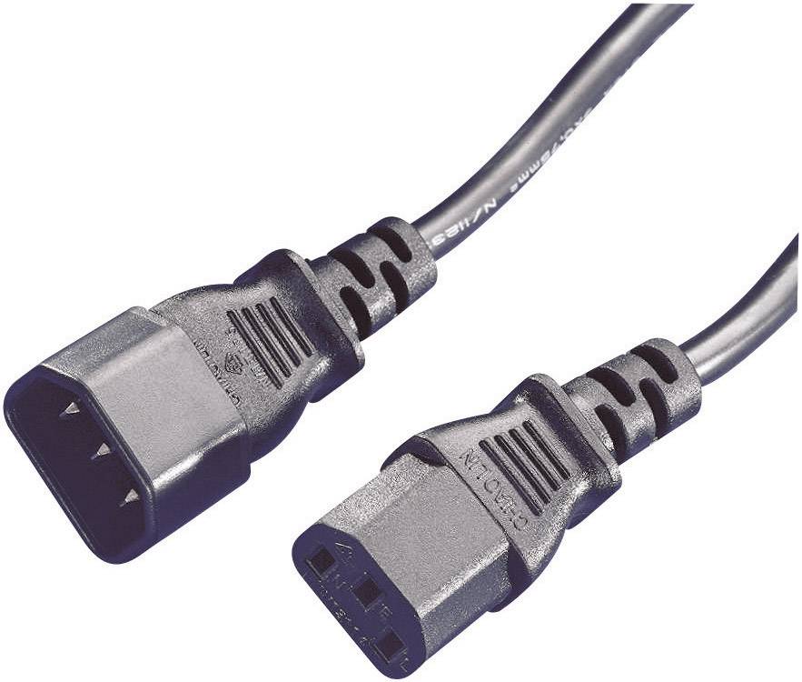 Due cavi di connessione neri: a sinistra spina maschio C13, a destra presa femmina C14, per cavi di alimentazione per computer.