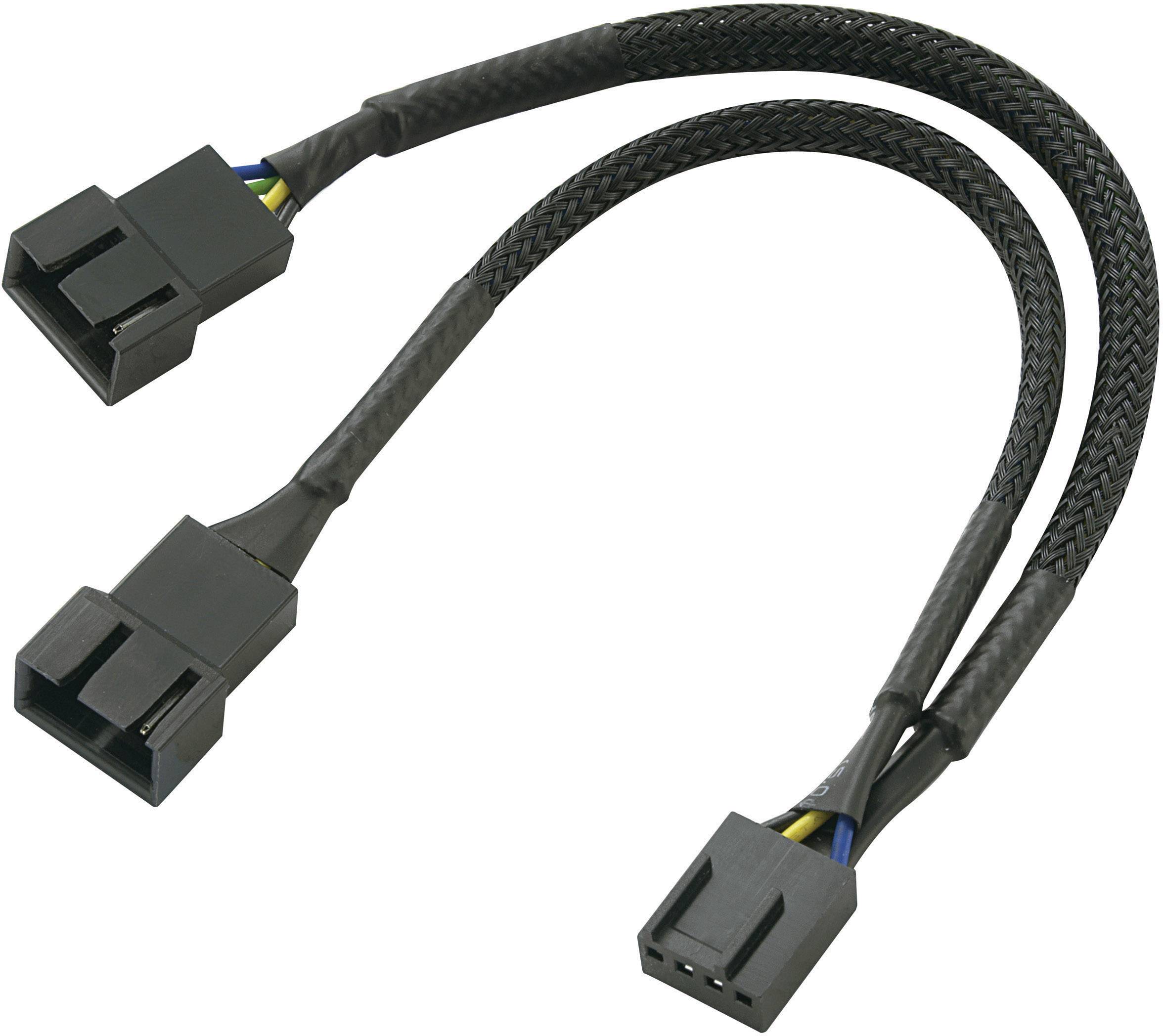 'Y-Kabel-Splitter': Un cavo nero intrecciato con due spine su un lato e una spina sull'altro lato.