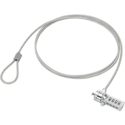 Un lucchetto a cavo argentato con combinazione numerica, adatto per la sicurezza di dispositivi o biciclette. Il lucchetto è realizzato in metallo.