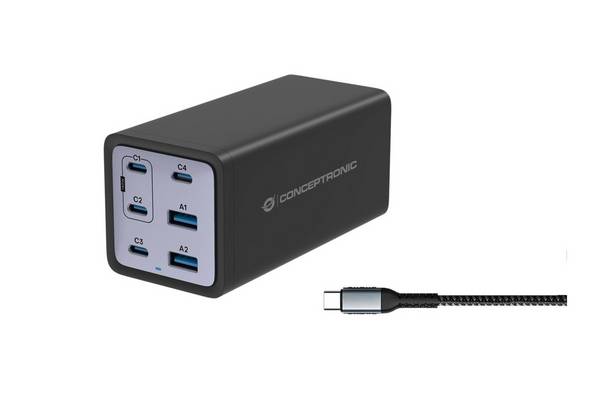Conceptronic Ladegerät 4Port 200W 4xUSB-C 2xUSB-A+3-in-1 sw (OZUL06BE)